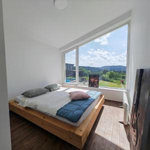 una cama en una habitación con una ventana grande en Canvas Point, en Novi Sad 11 fotos más
