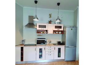 a kitchen with white cabinets and a blue refrigerator at Lux-Apartment in Medieval Part of Old Riga in Riga