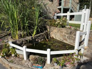 een tuin met een vijver met een bankje en wat planten bij Maison de ville avec jardin clos in Carrouges