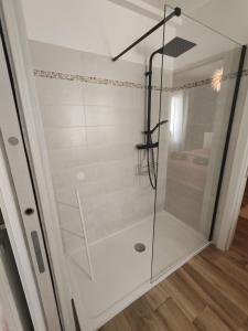 een douche in een kamer met een glazen deur bij Appartement 80 m2 avec jardin - 50m de la plage TIKI in Saint-Raphaël