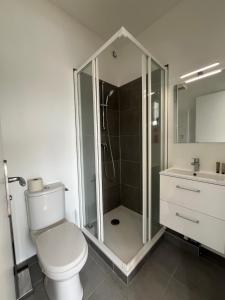 a bathroom with a shower and a toilet and a sink at Appart hôtel Doumer in Triel-sur-Seine +14 photos