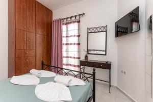 una camera da letto con due letti e uno specchio di Diane Apartments a Naxos Chora