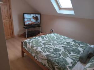 a bedroom with a bed and a flat screen tv at Ballytigue House in Ennis