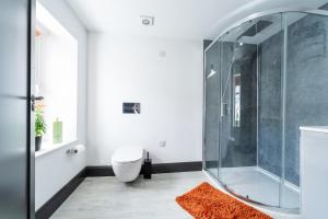 a bathroom with a glass shower and a toilet at Bushmills Luxurious Market Sq Apartment 3 in Bushmills +12 photos