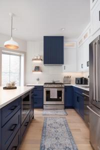 a kitchen with blue cabinets and a stove at Ace Properties in Chicago