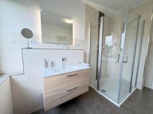 a bathroom with a sink and a shower at Familien-Apartment Bodanum für 4 Personen - mit eigener Terrasse - naturnahe Ortsrandlage - Arbeitsplatz mit VDSL - 10 min zum Nürburgring in Bodenbach +9 photos