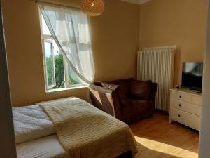a bedroom with a bed and a chair and a window at Villa Elisabeth 1905 in Bad Harzburg