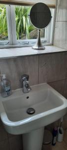 a bathroom sink with a mirror on a window at Lovely 2 Bed Garden Level Apartment Blackrock in Blackrock +7 photos