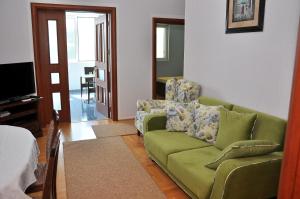 un soggiorno con divano verde e TV di Apartment Bayer a Herceg-Novi