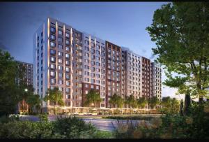 a rendering of a large apartment building at Auezov City in Almaty