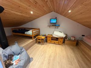 Le refuge d'Yzeron, gite autonome en pleine forêt pour 8 personnes في Yzeron: غرفة علوية بها سرير وتلفزيون