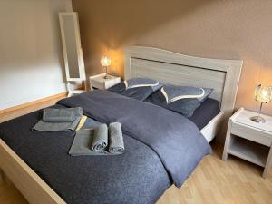 1 dormitorio con 1 cama grande con mantas y almohadas azules en Heart of Saint-Louis - Airport, station, borders, en Saint-Louis