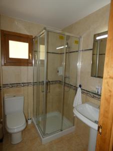 un bagno con doccia, WC e lavandino di Casa Nika Etxea a Ochagavía