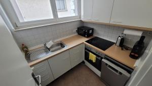 a small kitchen with a sink and a stove at Nestwerk Zentral E13-11 - Stilvoll, Arbeiten & Altstadtlage in Biberach an der Riß +7 photos
