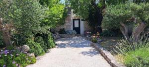 a garden with a pathway leading to a house with a door at House Darin dvor in Vela Luka