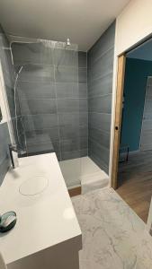 a bathroom with a shower with a white counter at Une parenthèse verte 