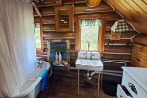 Baño en una cabaña de madera con lavabo y bañera en Authentic Maine Log Cabin, en Greenville