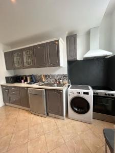a kitchen with a washing machine and a washer at Appartement calme avec jardin in Nancy