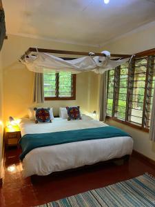 LushotoにあるMilemeleni Lodgeの天蓋付きの大きなベッドのある寝室