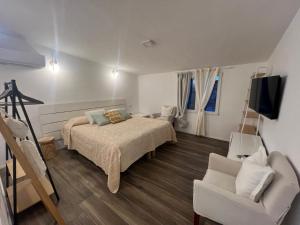 a bedroom with a bed and a tv and a chair at New ! Rayuela San Pantaleo in San Pantaleo