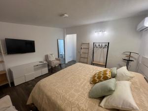 a bedroom with a bed and a flat screen tv at New ! Rayuela San Pantaleo in San Pantaleo