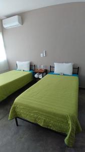two beds in a room with green sheets at SUITE DALIA, AA, cocineta, baño privado, ubicación in Tepic