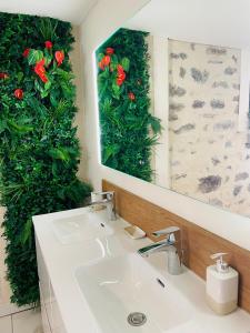 a bathroom with a sink and a mirror at Gîte de la Prairie de Thalamy 4 pers in Thalamy
