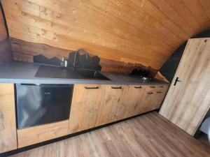 a kitchen in a tiny house with wooden walls at La cabane entre les cimes in Montgras