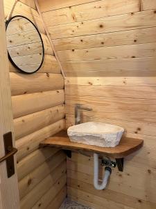 a bathroom with a sink on a wooden wall at Grlo Sokolovo A-Frame Cottage - Mountain Retreat near Podgorica in Korita