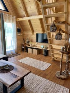 a living room with wooden walls and a television in a cabin at Grlo Sokolovo A-Frame Cottage - Mountain Retreat near Podgorica in Korita +22 photos