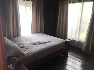 a bed in a room with two windows at Cabaña El Bosque in Turrialba