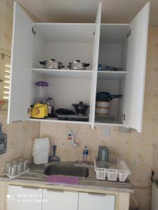 eine Küchentheke mit Spüle und einigen Töpfen und Pfannen in der Unterkunft Apartamento 20m Parque do Povo in Campina Grande