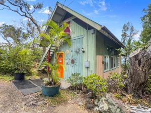 a green house with an orange door and palm trees at Best Ocean Views from Guesthouse in Hawaiian Ocean View Estates