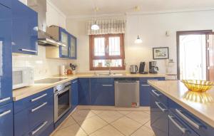 cocina grande con armarios azules y fregadero en Stunning Home In Rojales With Kitchen, en Rojales