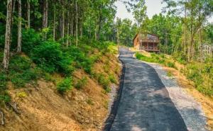 Stunning Cabin for 6 with Hot Tub & Pool Table في سيفيرفيل: طريق متعرج في وسط غابة +22 صورة