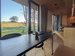 a room with a table and chairs and a large window at Tiny House Overlooking Nature in Vordingborg