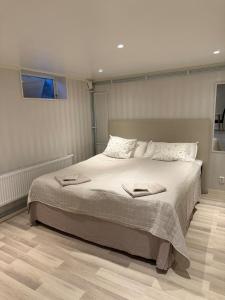 a bedroom with a large bed and a window at Fredholmens Apartment in Gothenburg