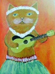 a painting of a cat in a dress playing a guitar at Mao House in Magong