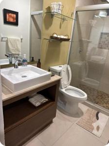 a bathroom with a sink and a toilet and a shower at Punto cero in Morelia