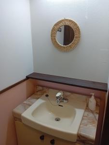 a bathroom with a sink and a mirror at ゲストハウス津津 in Nichinan +3 photos