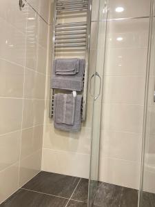 ein Badezimmer mit einer Dusche und Handtüchern auf einem Regal in der Unterkunft Harmony106 in Prag