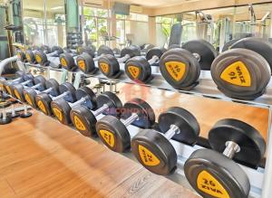 雅加达Stylish 2BR MOI Apt with Pool, Gym, Wi-Fi的健身房的一排哑铃