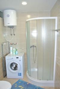 a bathroom with a shower and a washing machine at Apartmaji NIKA in Izola