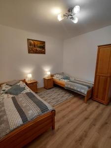 sypialnia z dwoma łóżkami i wentylatorem sufitowym w obiekcie Apartament Na Rozdrożu w Cisnej