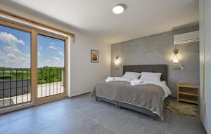 a bedroom with a bed and a large window at Beautiful Home In Maglenca With Sauna in Maglenča