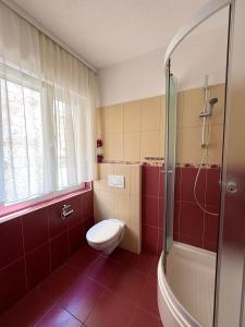 a bathroom with a toilet and a shower at Guest House Štorija, Vis Center, 1 min from Ferry in Vis +27 photos