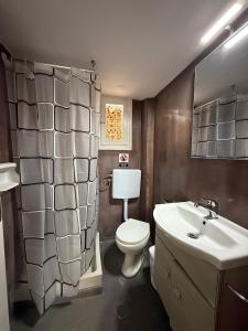 a bathroom with a toilet and a sink at Theros Apartments in Mola Kalyva