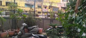uno scooter parcheggiato in un giardino con piante in vaso di Sona Nearby Park New Delhi Railway Station a Nuova Delhi