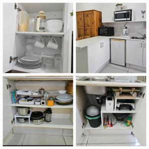 three pictures of a kitchen with a refrigerator at Flamebreeze Corner @ Supertubes Jeffreys Bay in Jeffreys Bay