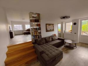 a living room with a couch and a book shelf at Plate lyn atostogų būstas in Plateliai